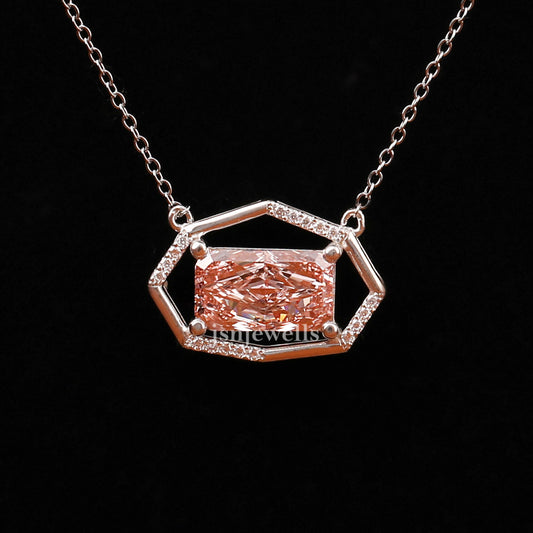 Pink Radiant Cut Lab Grown Diamond Dainty Halo Pendant Necklace